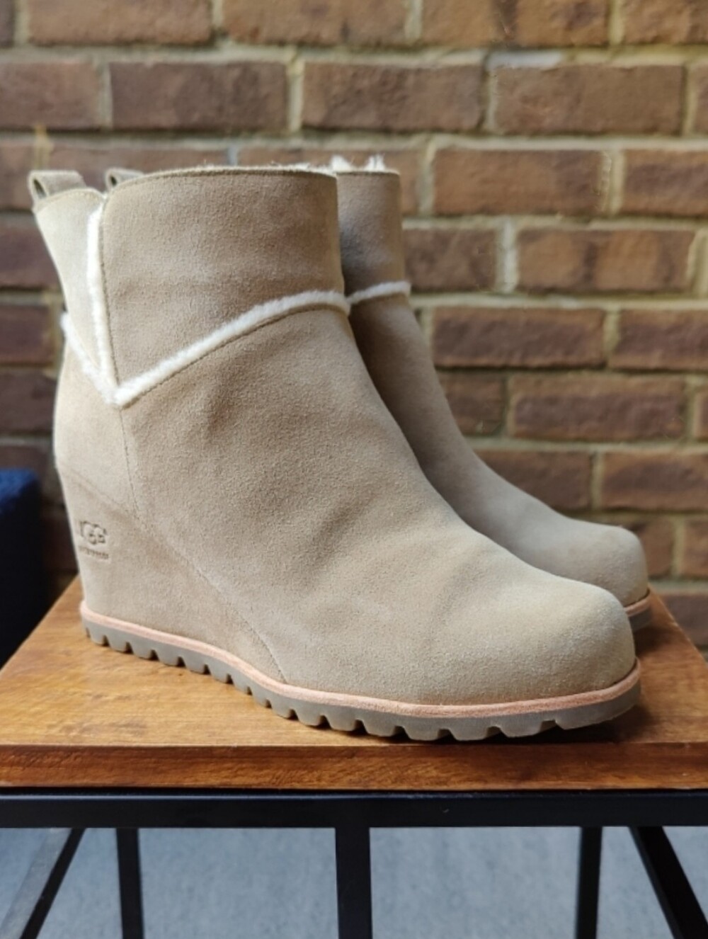 UGG Womens 8.5 Wedge Boots Waterproof Fur Wool Tan Beige Taupe Booties Marte